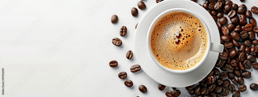 Fototapeta premium A cup of coffee atop white table, surrounded by two piles of coffee beans