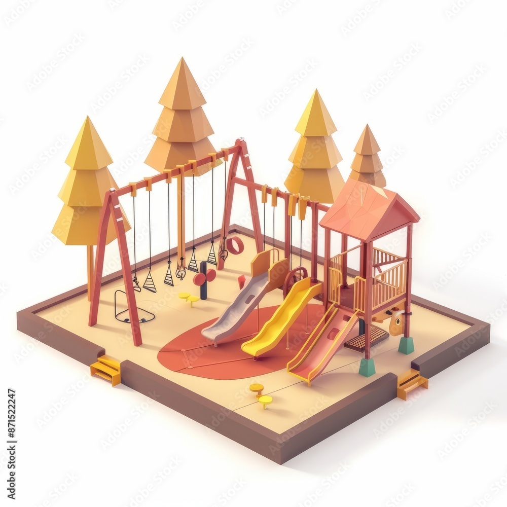 3D Render, Low Poly style of a urban playground with swings and slides, on isolated white background, Generative AI 3D Render, Low Poly style of a urban playground with swings and slides, on isolated white background, Generative AI