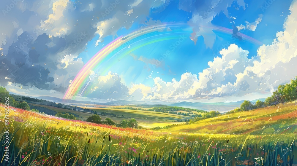 Obraz premium Bright rainbow over springtime countryside