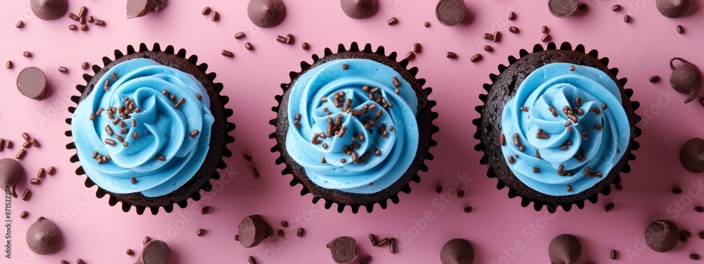 Three cupcakes featuring blue frosting and chocolate chip toppings atop a pink background, surrounded by scattered chocolate chips Three cupcakes featuring blue frosting and chocolate chip toppings atop a pink background, surrounded by scattered chocolate chips