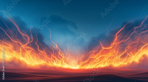 Abstract digital artwork depicting a fiery sky over a desert landscape at sunset.