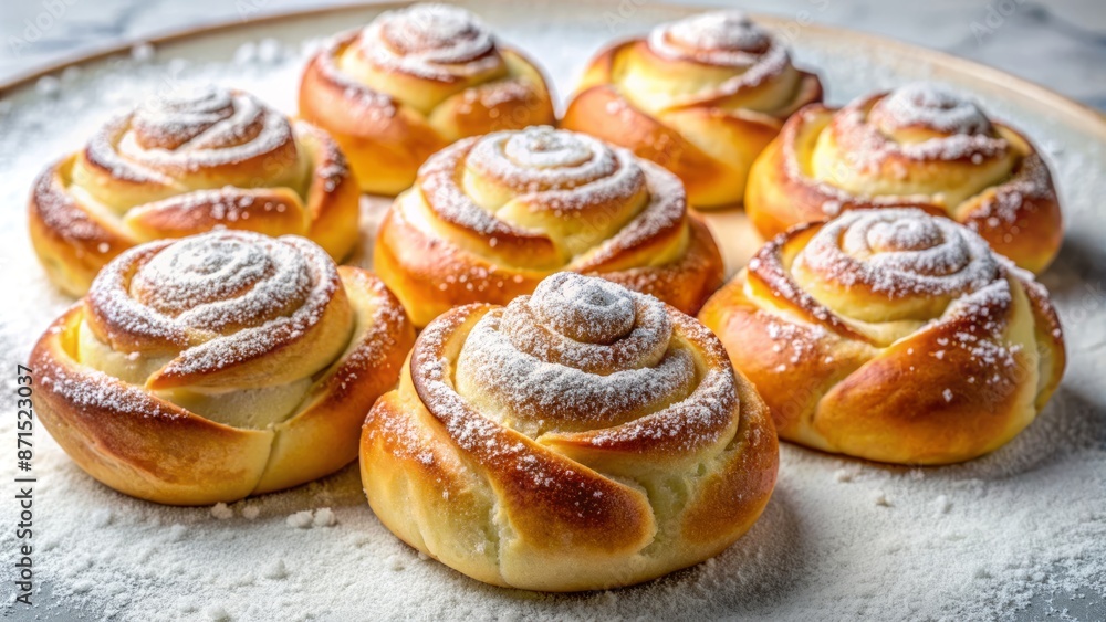 Delicate, intricately designed Brazilian sweet bread, pao de rosas, freshly baked, golden brown, surrounded by powdered sugar on white marble surface. Delicate, intricately designed Brazilian sweet bread, pao de rosas, freshly baked, golden brown, surrounded by powdered sugar on white marble surface.