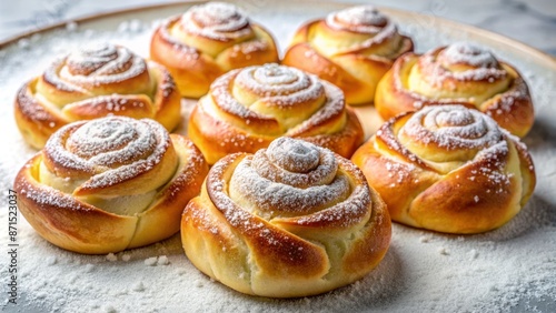 Wallpaper Mural Delicate, intricately designed Brazilian sweet bread, pao de rosas, freshly baked, golden brown, surrounded by powdered sugar on white marble surface. Torontodigital.ca