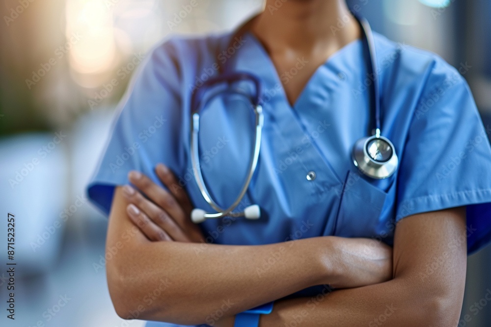 Unidentified female doctor with arms crossed on her chest in a blue uniform and a stethoscope around her neck Unidentified female doctor with arms crossed on her chest in a blue uniform and a stethoscope around her neck