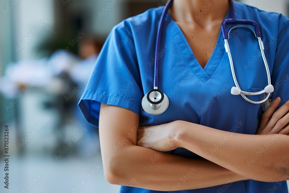 Unidentified female doctor with arms crossed on her chest in a blue uniform and a stethoscope around her neck Unidentified female doctor with arms crossed on her chest in a blue uniform and a stethoscope around her neck