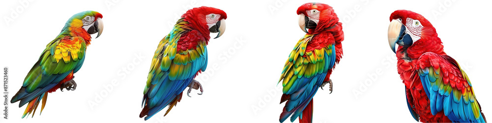 Fototapeta premium Vibrant red, yellow, and blue macaws are perched, showcasing their colorful feathers. Perfect for nature, wildlife, and tropical themes.