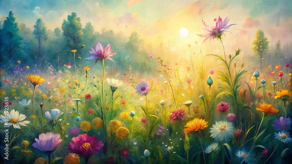 Vibrant wildflowers bloom in a sunny meadow filled with warm light, bokeh effects, and a stunning natural background with ample copy space. Vibrant wildflowers bloom in a sunny meadow filled with warm light, bokeh effects, and a stunning natural background with ample copy space.