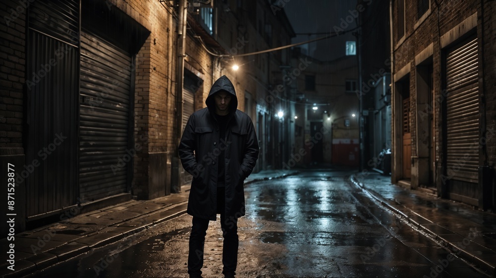 Obraz premium A Man Walks Alone in a Dark City Alley at Night