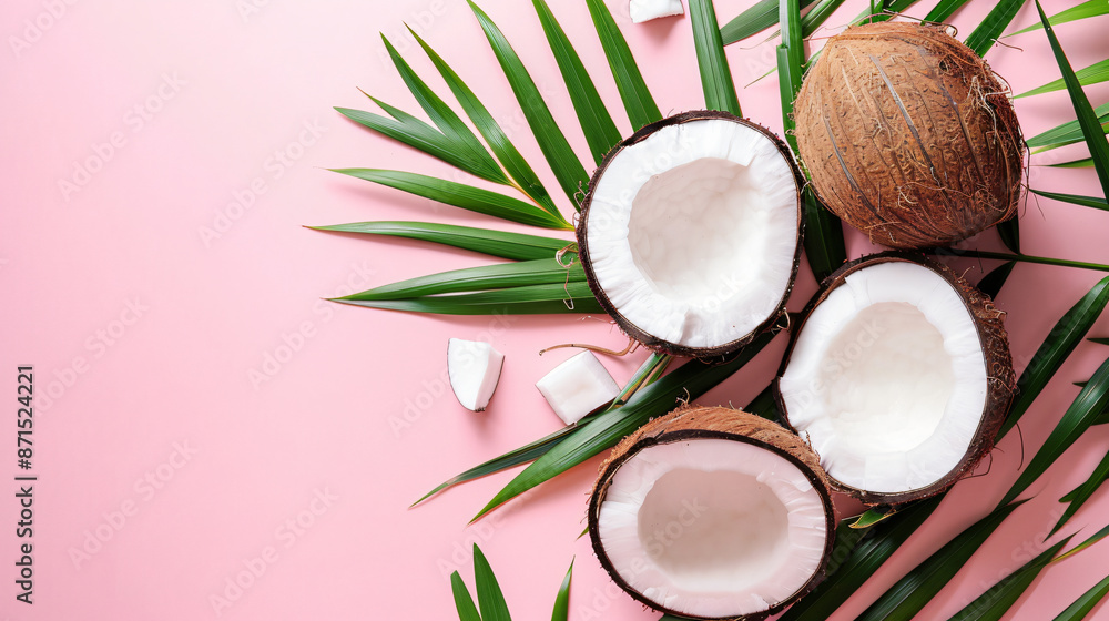 Coconut pieces and coconut leaves on a pink background in a flat lay top view. The background provides copy space for your design or text, conveying a summer concept.
Coconut pieces and coconut leaves on a pink background in a flat lay top view. The background provides copy space for your design or text, conveying a summer concept.
