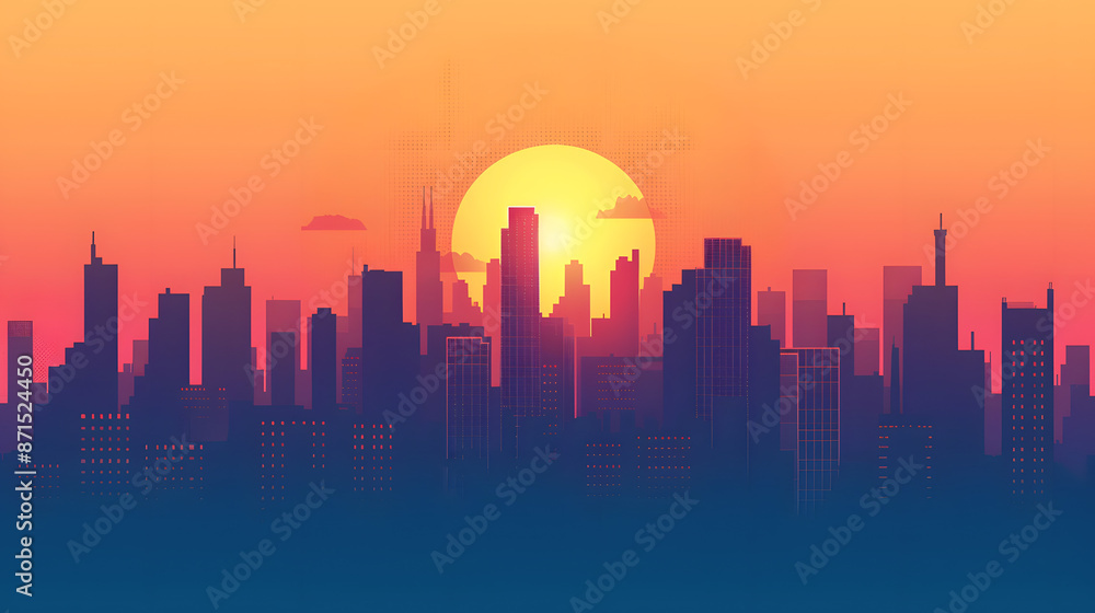 A city skyline with a large orange sun in the background A city skyline with a large orange sun in the background