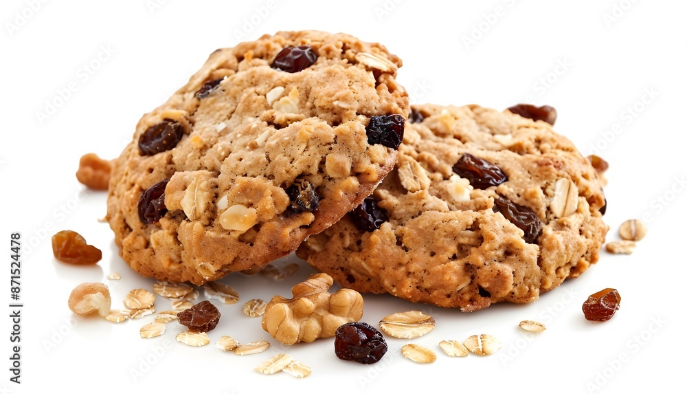 Oatmeal cookies, raisins nuts oats, healthy nutritious snack white background Oatmeal cookies, raisins nuts oats, healthy nutritious snack white background