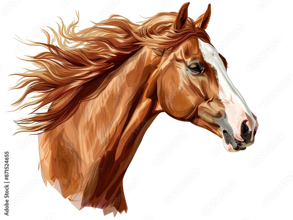 Obraz premium A detailed digital painting of a chestnut horse with a flowing mane, showcasing the beauty and strength of this majestic animal.