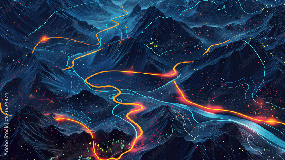 Mountain Pass Directions: A GPS map showing winding roads through mountainous terrain Mountain Pass Directions: A GPS map showing winding roads through mountainous terrain