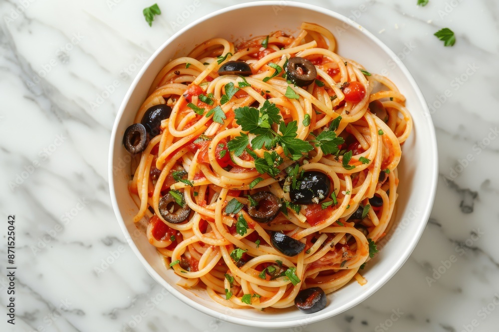 A bowl of spaghetti with olives and parsley on top A bowl of spaghetti with olives and parsley on top