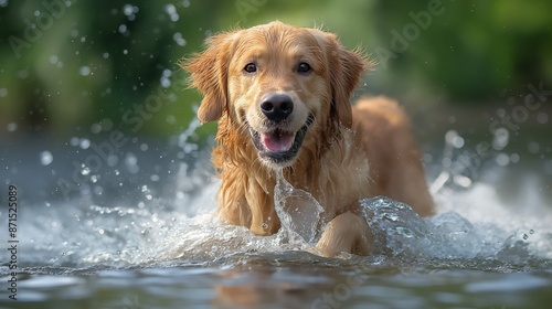 A joyful golden retriever frolics in a river, water splashing around as it joyously captures the essence of summer.