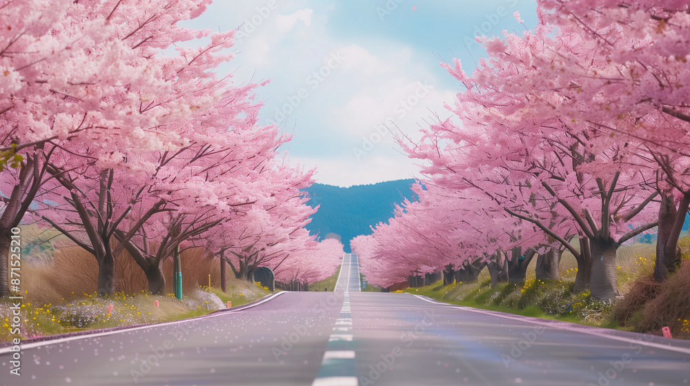 Fototapeta premium Sakura Road Navigator: An app showcasing routes lined with cherry blossom trees in full bloom
