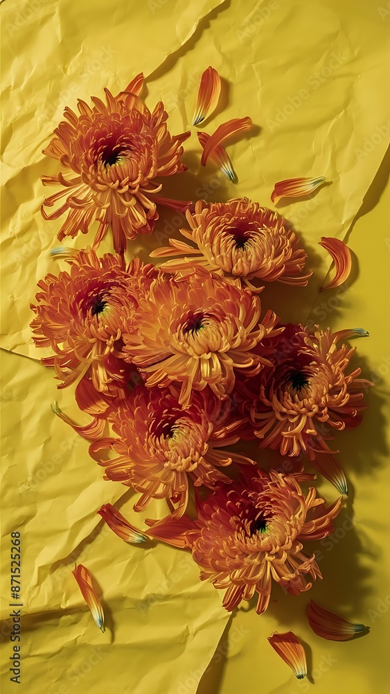 Orange chrysanthemums on yellow paper background Orange chrysanthemums on yellow paper background