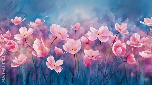 Beautiful pink spring flowers on blue background