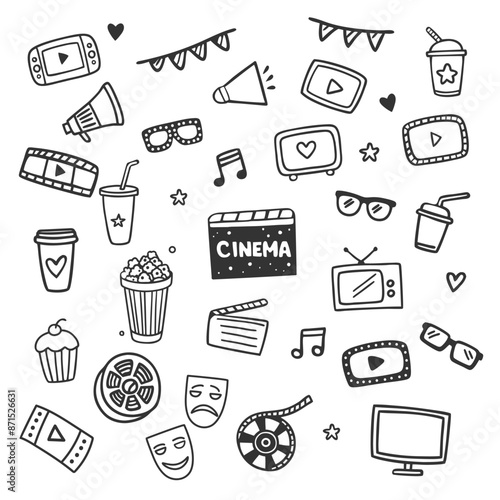 Cinema doodle, movie background. Hand drawn sketch film, cinema element design. Clapperboard, popcorn, film tape doodle vector illustration.