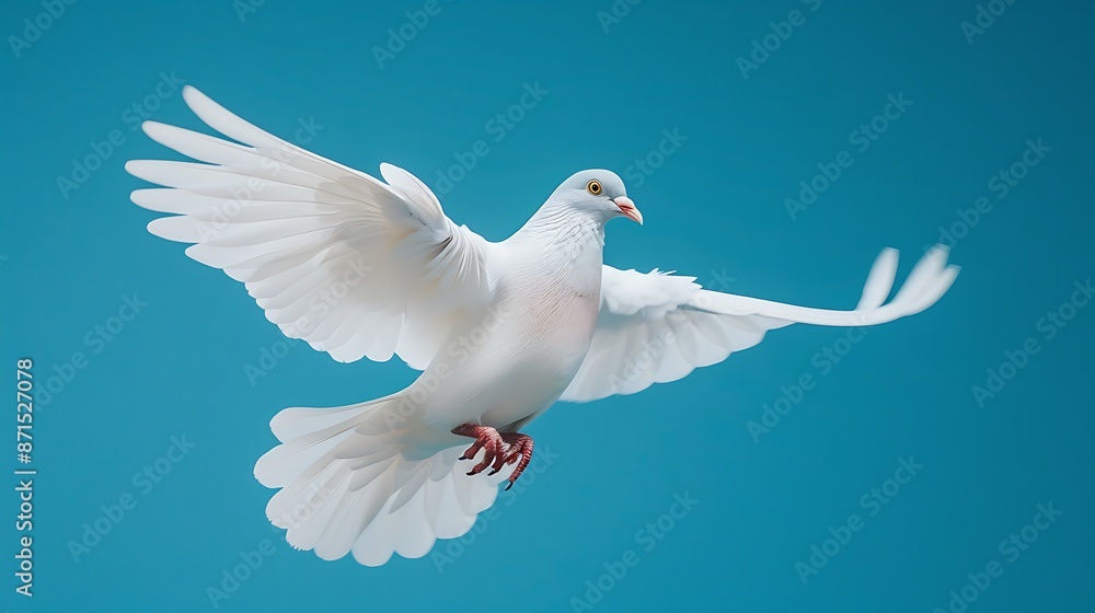 Fototapeta premium Free flying white pigeon isolated on a blue background