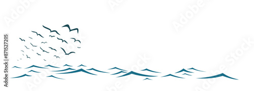 The seascape with a flock of birds.