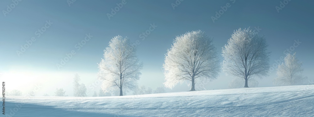 A snow-covered field hosts a cluster of trees against a backdrop of a blue sky Foreground presents a row of similarly draped trees with snow covering them A snow-covered field hosts a cluster of trees against a backdrop of a blue sky Foreground presents a row of similarly draped trees with snow covering them