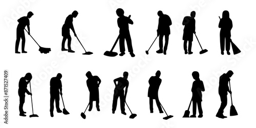 silhouette of a person sweeping or mopping