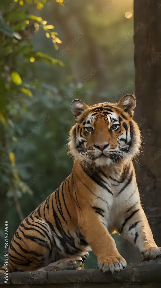 Obraz premium a tiger that is sitting on a ledge in the woods