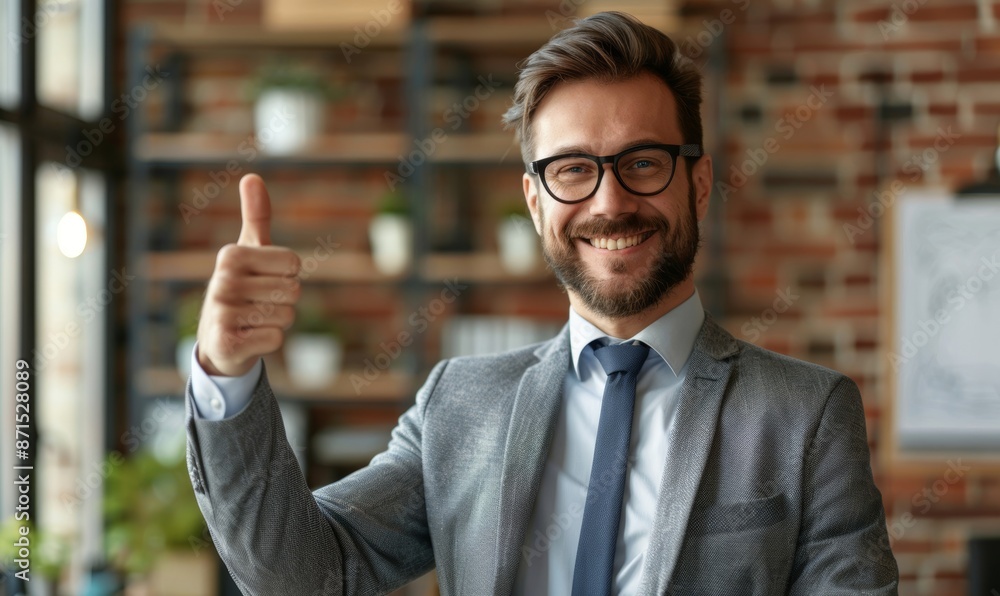A confident businessman smiles and gives a thumbs up, indicating positivity, success and a good attitude. A confident businessman smiles and gives a thumbs up, indicating positivity, success and a good attitude.
