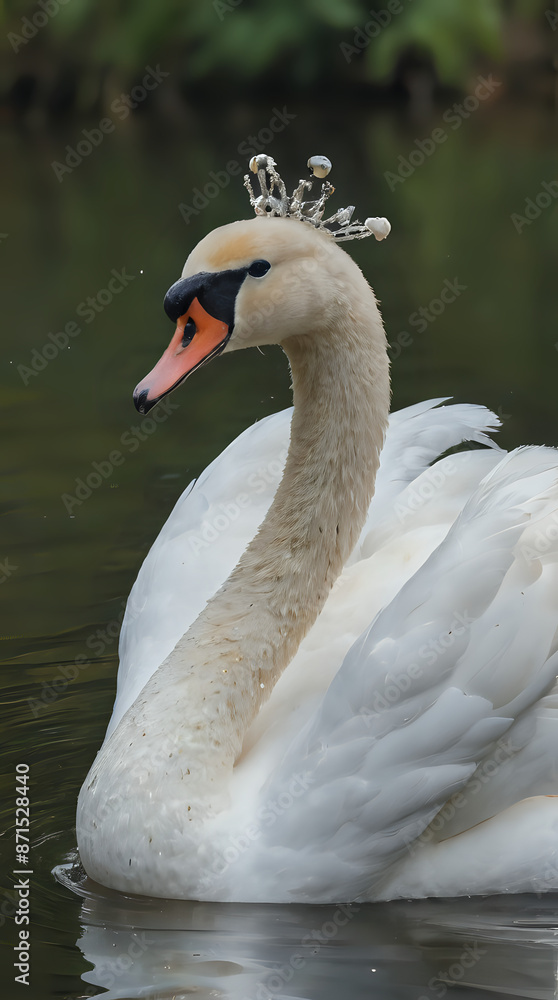 Fototapeta premium a white swan with a crown on its head swimming in the water