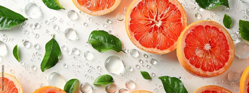 A collection of grapefruit halves with leaves and water droplets on a pristine surface A collection of grapefruit halves with leaves and water droplets on a pristine surface