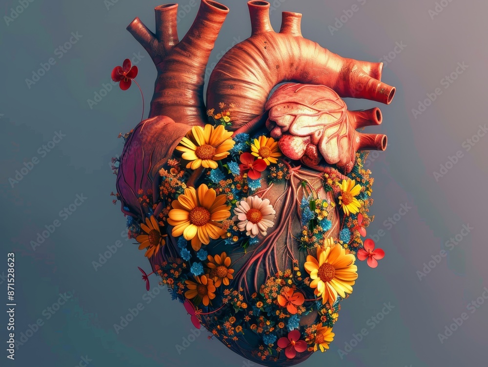 Naklejka premium Human heart with flowers, love and emotion concept, good hearted person, help and charity, - ai