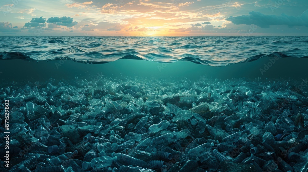 A vast array of plastic waste accumulates along the oceans edge, highlighting a severe environmental issue. A vast array of plastic waste accumulates along the oceans edge, highlighting a severe environmental issue.