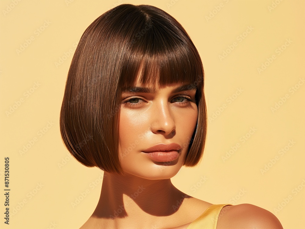 A model with a sleek bob haircut, posing with confidence A model with a sleek bob haircut, posing with confidence