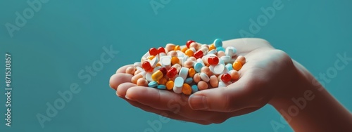  A person tightly grips a handful of multicolored pills against a tranquil blue background