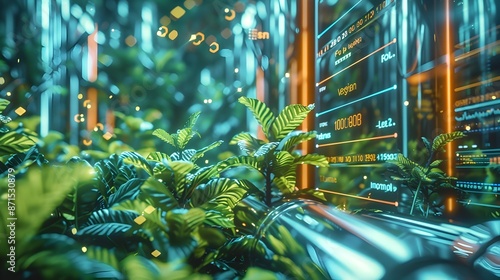 A striking visual representation of eco friendly investment analytics featuring flourishing plant life dynamic data graphs gleaming chrome details and cyberpunk inspired digital art photo