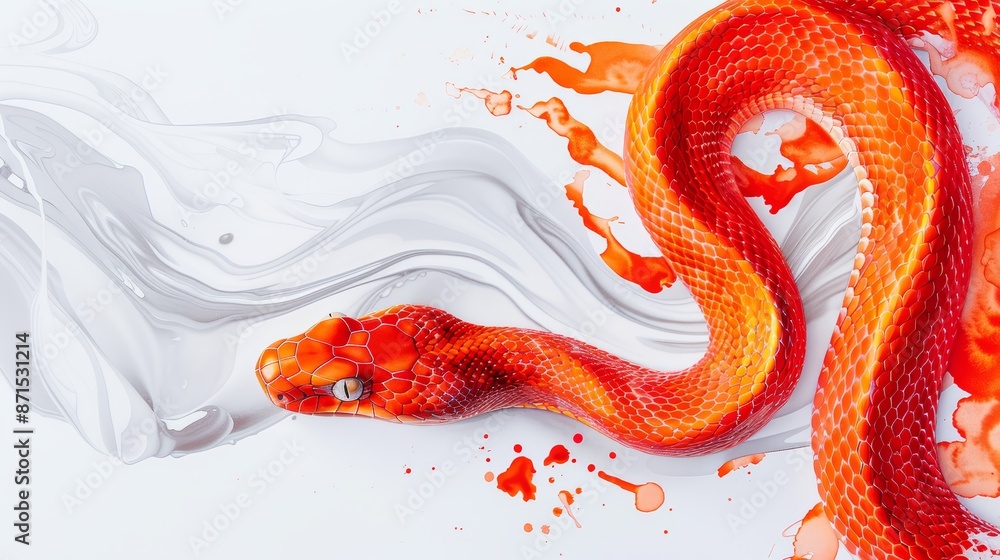 Obraz premium Psychedelic orange snake ready to strike, watercolor, gray backdrop, swirling vibrant colors, surreal atmosphere