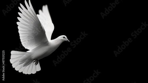 Pure white dove captured mid-flight on a stark black background, conveying the essence of peace and freedom for International Day of Peace concepts