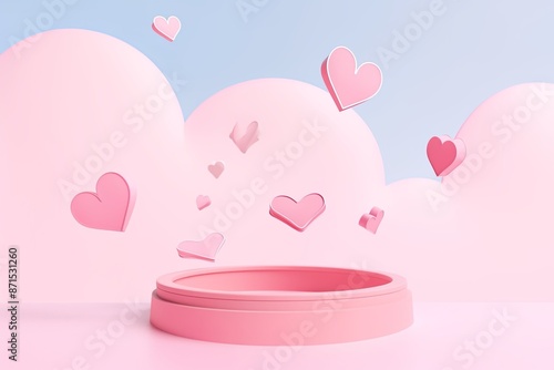Whimsical Pink Podium: Hearts Aflutter in a Minimalist 3D Rendered Dreamscape