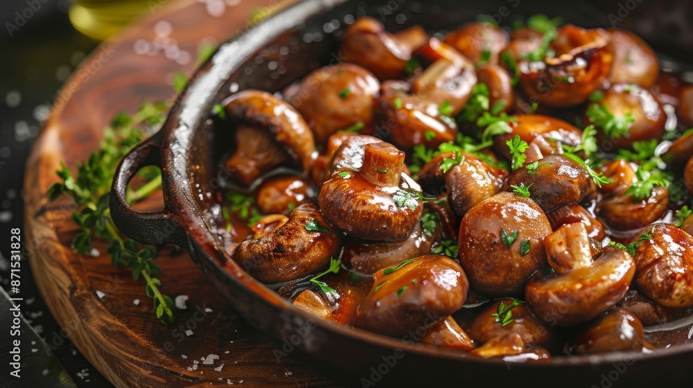 French cuisine. Stewed mushrooms in red wine in Burgundy style. French cuisine. Stewed mushrooms in red wine in Burgundy style.