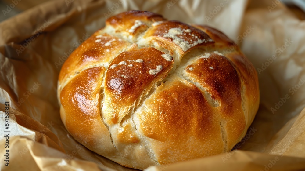 Freshly baked golden bread on parchment paper, showcasing a glossy, appetizing crust in a close-up view. Freshly baked golden bread on parchment paper, showcasing a glossy, appetizing crust in a close-up view.