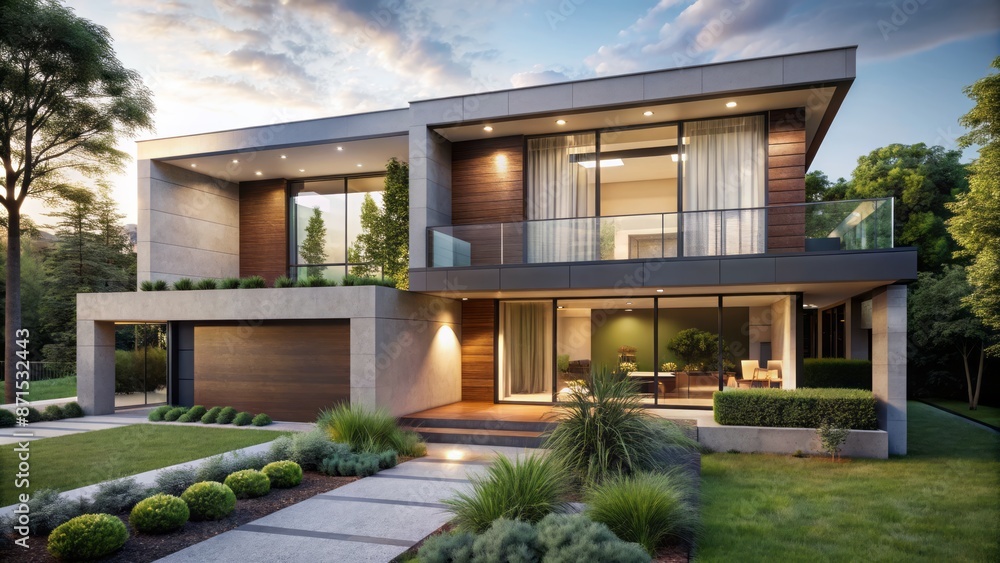 Luxurious modern home exterior with sleek lines, large windows, and a stylized roofline, surrounded by lush greenery and a serene atmosphere. Luxurious modern home exterior with sleek lines, large windows, and a stylized roofline, surrounded by lush greenery and a serene atmosphere.