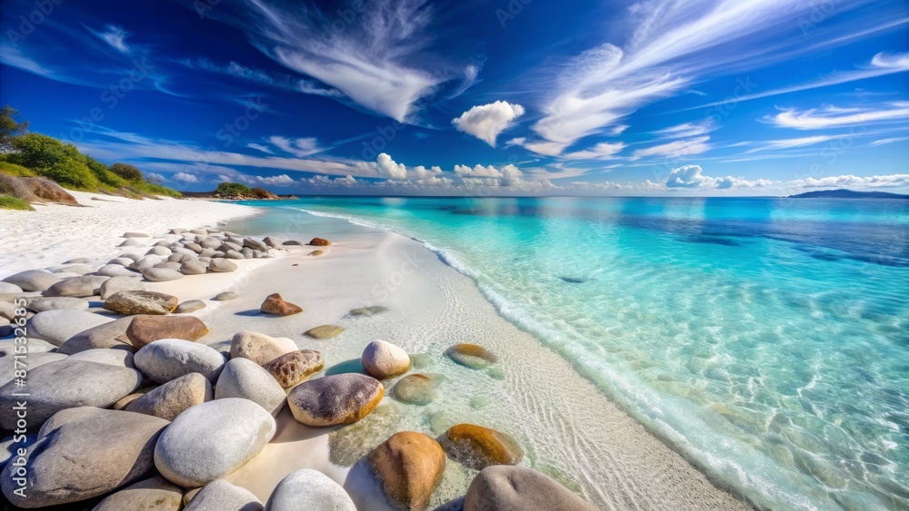 Serene beach scene featuring smooth grey stones scattered on powdery white sand alongside calm turquoise water and clear blue sky. Serene beach scene featuring smooth grey stones scattered on powdery white sand alongside calm turquoise water and clear blue sky.