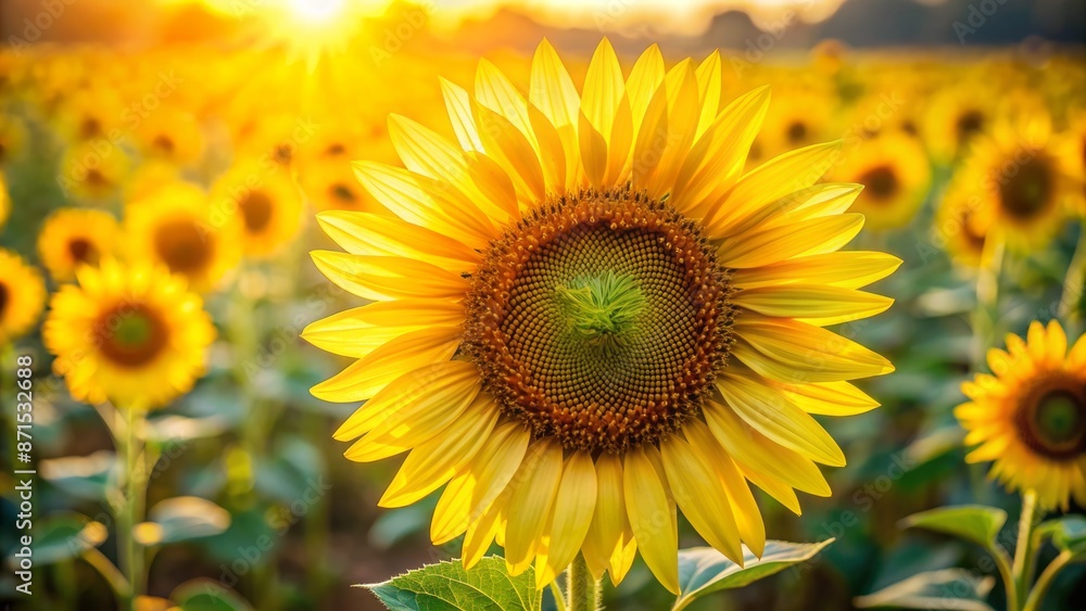 Vibrant yellow petals of a solitary sunflower fill the frame against a soft, serene natural background with golden ratio composition. Vibrant yellow petals of a solitary sunflower fill the frame against a soft, serene natural background with golden ratio composition.