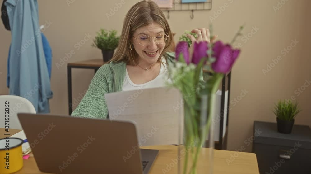 A young woman working from home smiles while reading a document at her desk adorned with purple flowers. A young woman working from home smiles while reading a document at her desk adorned with purple flowers.