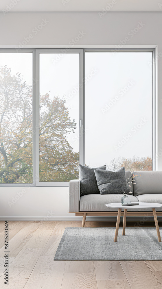 Fototapeta premium Minimalist luxurious interiors design composition in neutral colors with a modern coffee table next to a window. Luxury residential Real Estate.