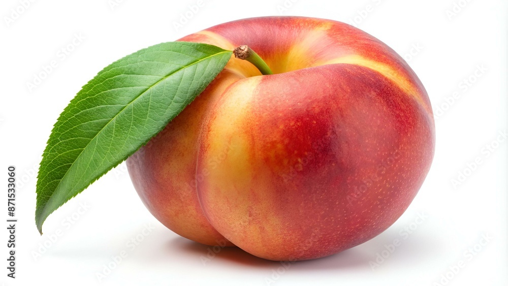 Peach isolate. Peach with leaf on white background. Full depth of field. With clipping path. Peach isolate. Peach with leaf on white background. Full depth of field. With clipping path.