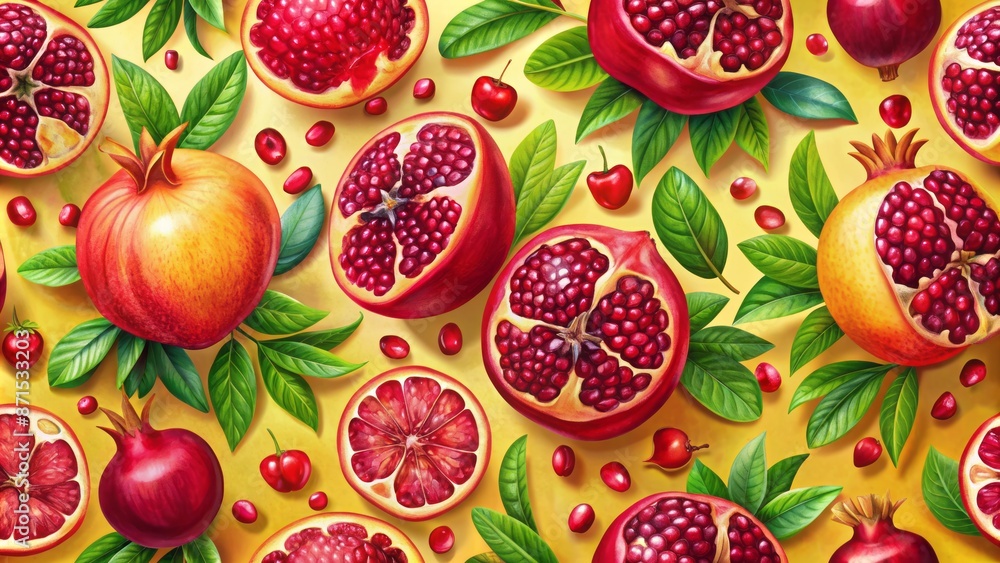 Vibrant seamless pattern of fresh pomegranates arranged in a repeating design on a bright summer inspired colorful fruit background. Vibrant seamless pattern of fresh pomegranates arranged in a repeating design on a bright summer inspired colorful fruit background.