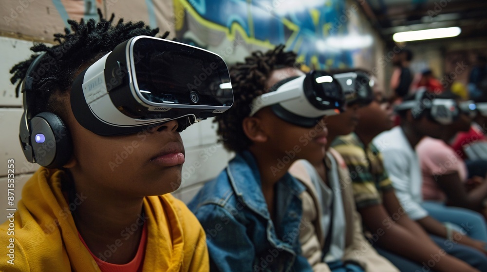 9. A group of teenagers of various ethnicities huddle together on a subway bench, engrossed in a virtual reality learning experience. Their faces reflect a mixture of concentration and excitement.
