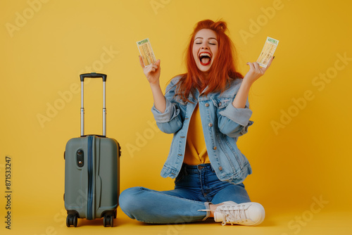 Young cute woman sitting cross-legged next to a suitcase showing excitement with travel tickets in hand against a yellow background. photo